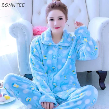 

Pajama Sets Women Trendy Printed Korean Single Breasted Fashion Womens Winter Thicker Loose Ladies Soft Sweet Clothing Sleepwear