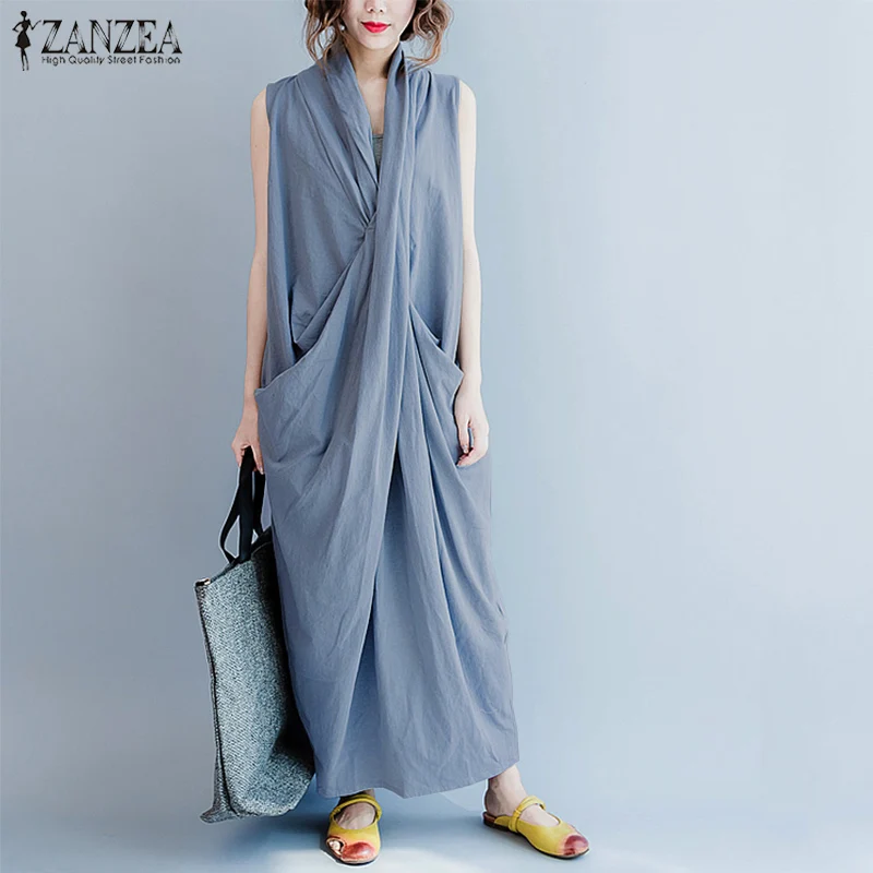 

ZANZEA Women Dress 2019 Summer Sleeveless Casual Deep V Neck Loose Irregular Long Maxi Vestido Beach Party Robe Femme 5XL