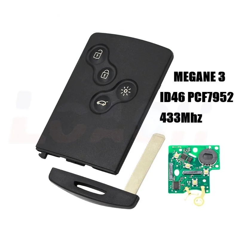 

4 Button Remote Card Smart Car Key for Renault Megane 3 Scenic laguna with Uncut Key Blade 434Mhz ID46 PCF7952 CHIP
