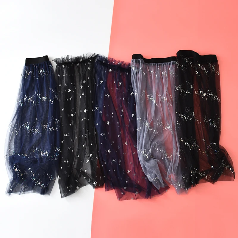 

Women Sexy Lace Mesh Star Embroidery Transparent Skirt Summer Casual Vintage High Waist Elastic Hollow Out One Layer Long Skirt