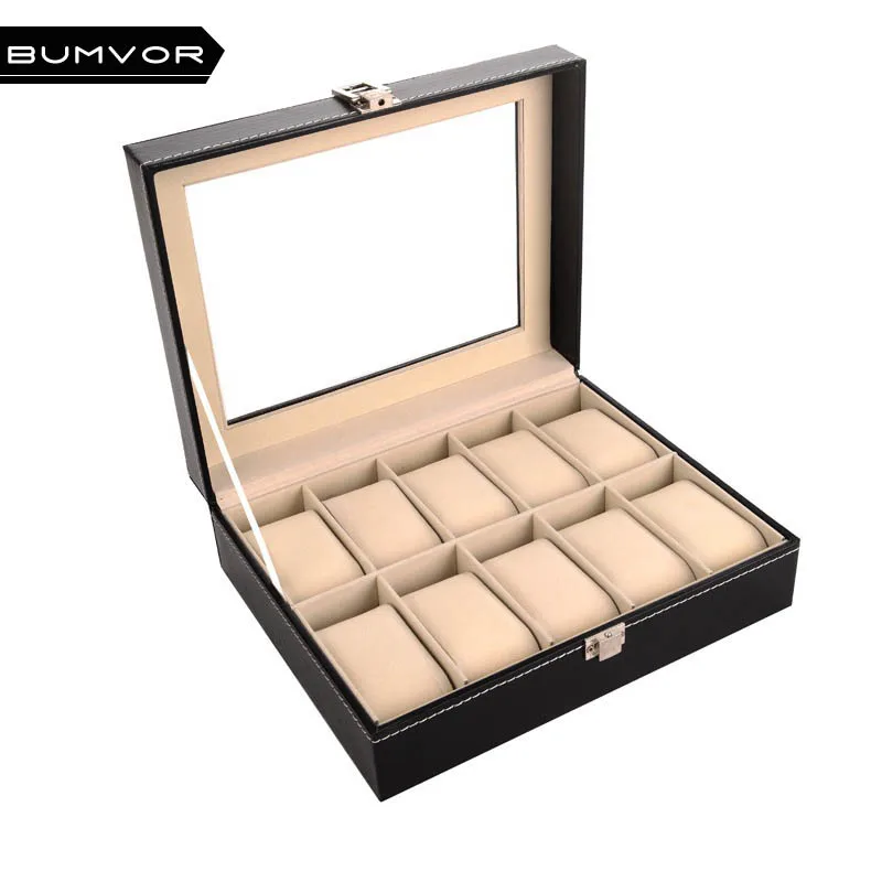 

10 Slots Grid PU Leather Watch Display Box Jewelry Storage Organizer Case locked Watch Display Box Size: 25.5x20x8cm(L*W*H)
