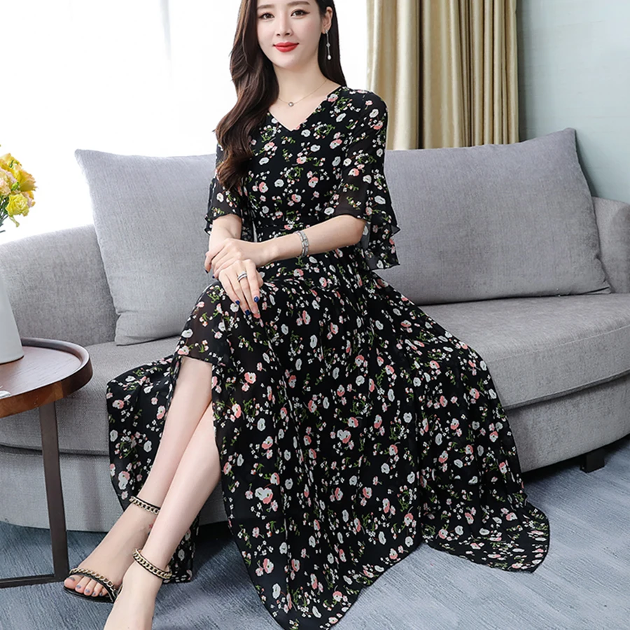 Summer Floral Chiffon Boho Midi Sundress 2019 Vintage 3XL Plus Size Black Print Beach Dress Women Bodycon Elegant Party Vestidos