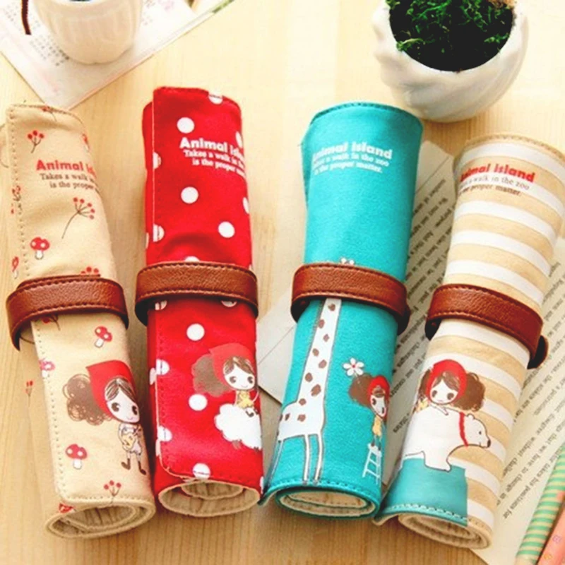 

Cute Kawaii Cartoon Canvas Roll Pencil Case Lovely Fabric Roller Girl Pen Bag for Kids School Supplies 1pcs