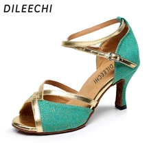 DILEECHI/темно-фиолетовая зеленая блестящая атласная Женская обувь для латинских танцев; женская обувь для взрослых на высоком каблуке 7,5 см; Бальные Танцевальные Туфли