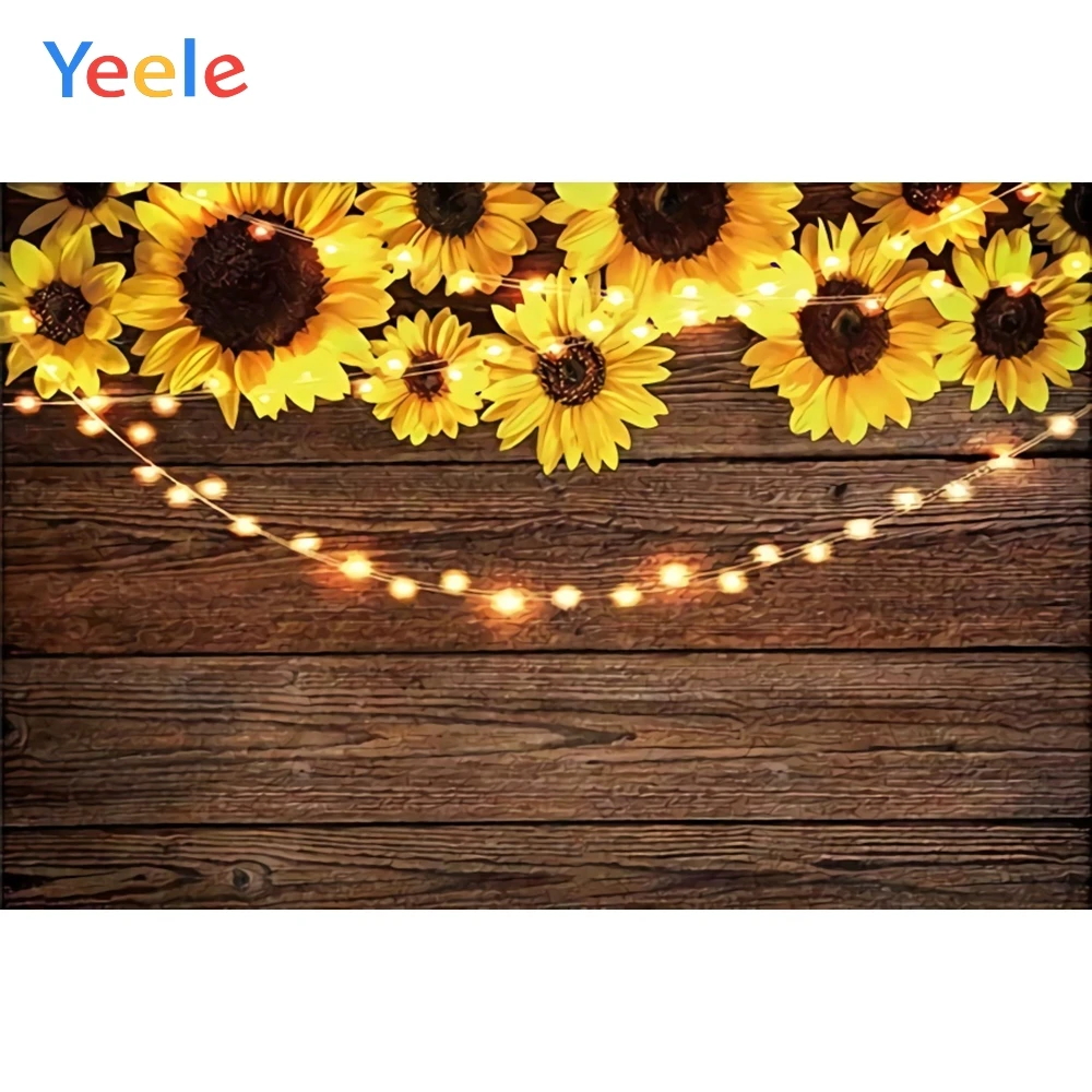 

Yeele Sunflower Decorative Light Wooden Board Birthday Photography Background Customized Photographic Backdrops for Photo Studio