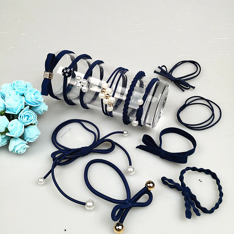 

Hair Accessories Pearl Elastic Rubber Bands Ring Blue Pearl thread flower ponytail hair rope 12PCS 5CM with receive box