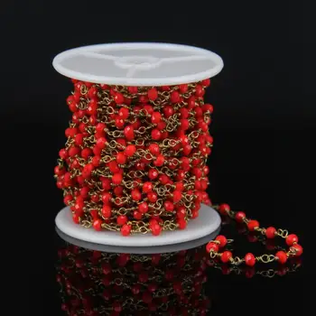 

Red Glass Wire Wrapped Rosary Chain Findings,Bronze,Silver or Plated Gold Link Necklace,Faceted Rondelle Beads Chains 3x4mm
