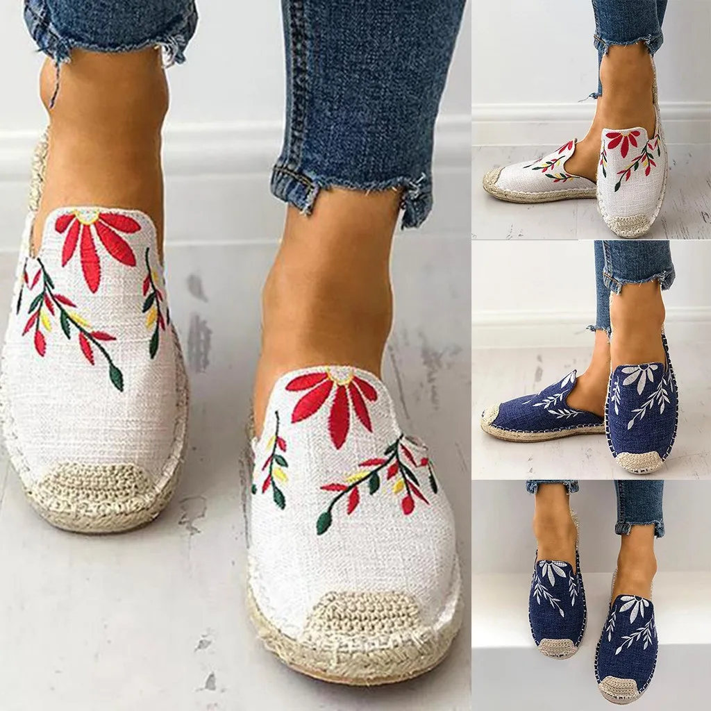 

WomenLadies Fashion Embroider Flat Sandals Slipper Round Toe Casual Shoes Fashion personality embroidered straw slipper sandal