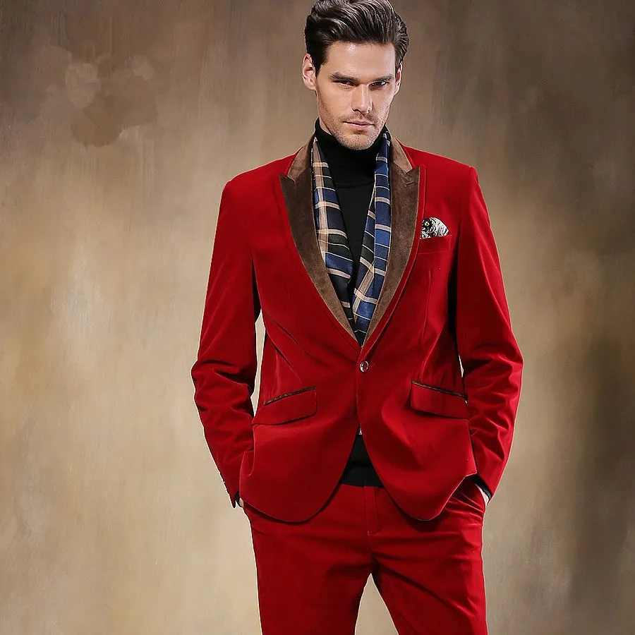 2018 Autumn Winter Black Red Velvet Man Suit 2 Piece Men Wedding Prom