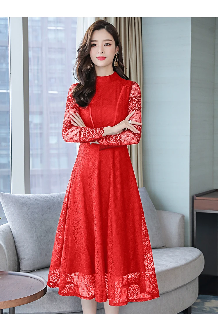 

19 new spring and summer clothing plus size women's slim slimming temperament long-sleeved lace long casual party dressing women