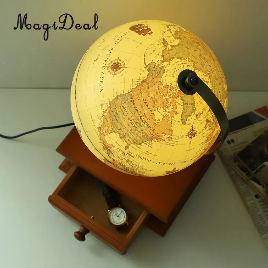 Vintage Wooden Base World Map Globe Decorative Desktop Rotating Geography Globe Educational Gifts