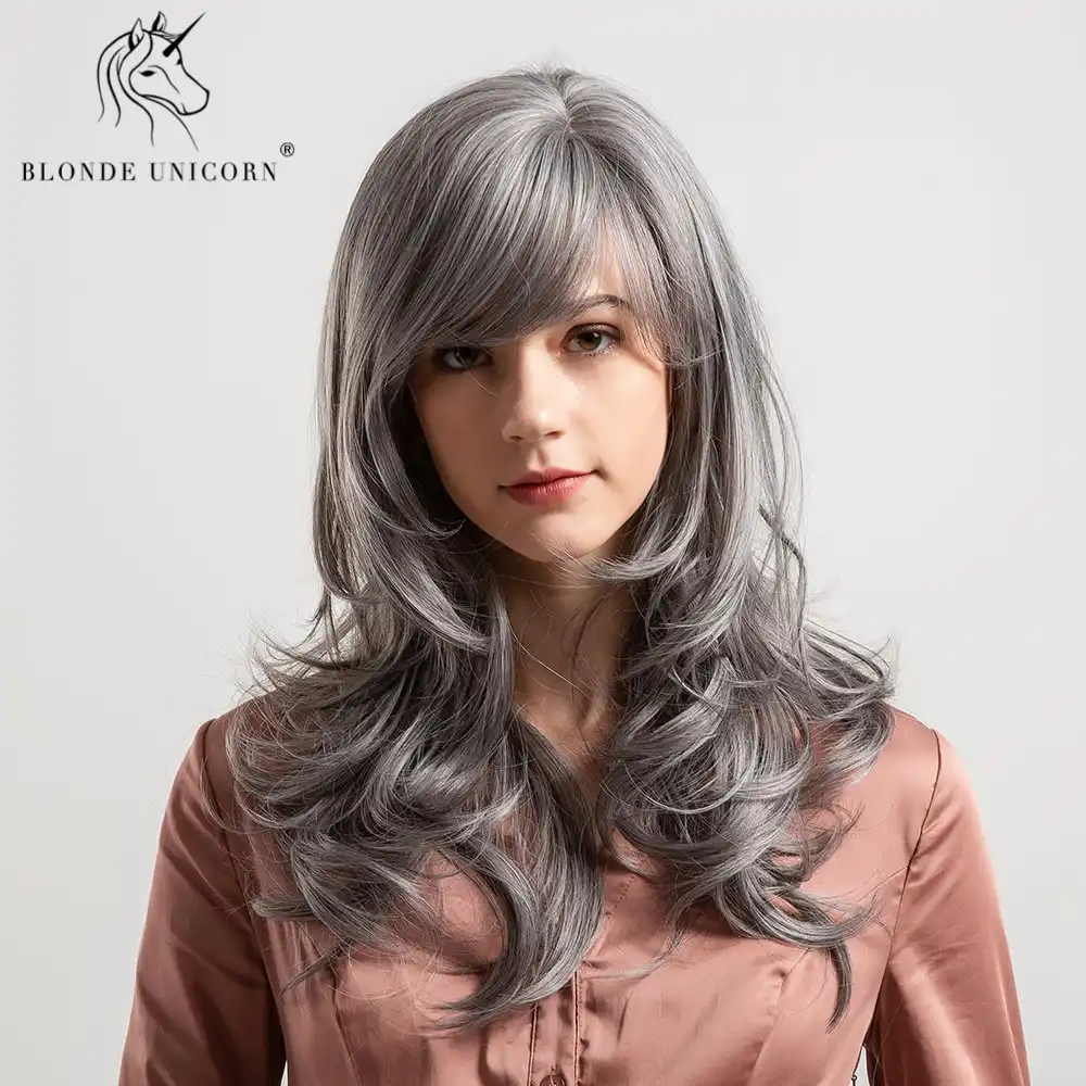 Blonde Unicorn 16 Inch Synthetic Cosplay Long Curly Hair Grey Wig With Side Bangs Heat Resistant Fiber Long Wavy Wigs For Women
