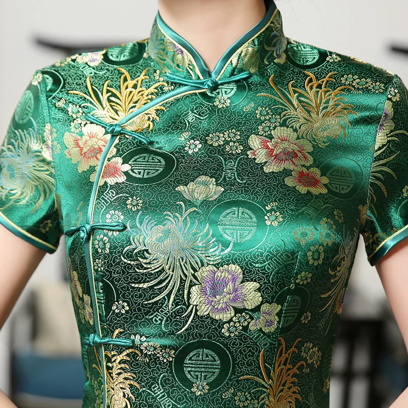 Najtaniej 2020 New High Fashion Green Rayon Cheongsam chiński klasyczny damski Qipao elegancki krótki rękaw nowość długa sukienka S 3XL C0136 D