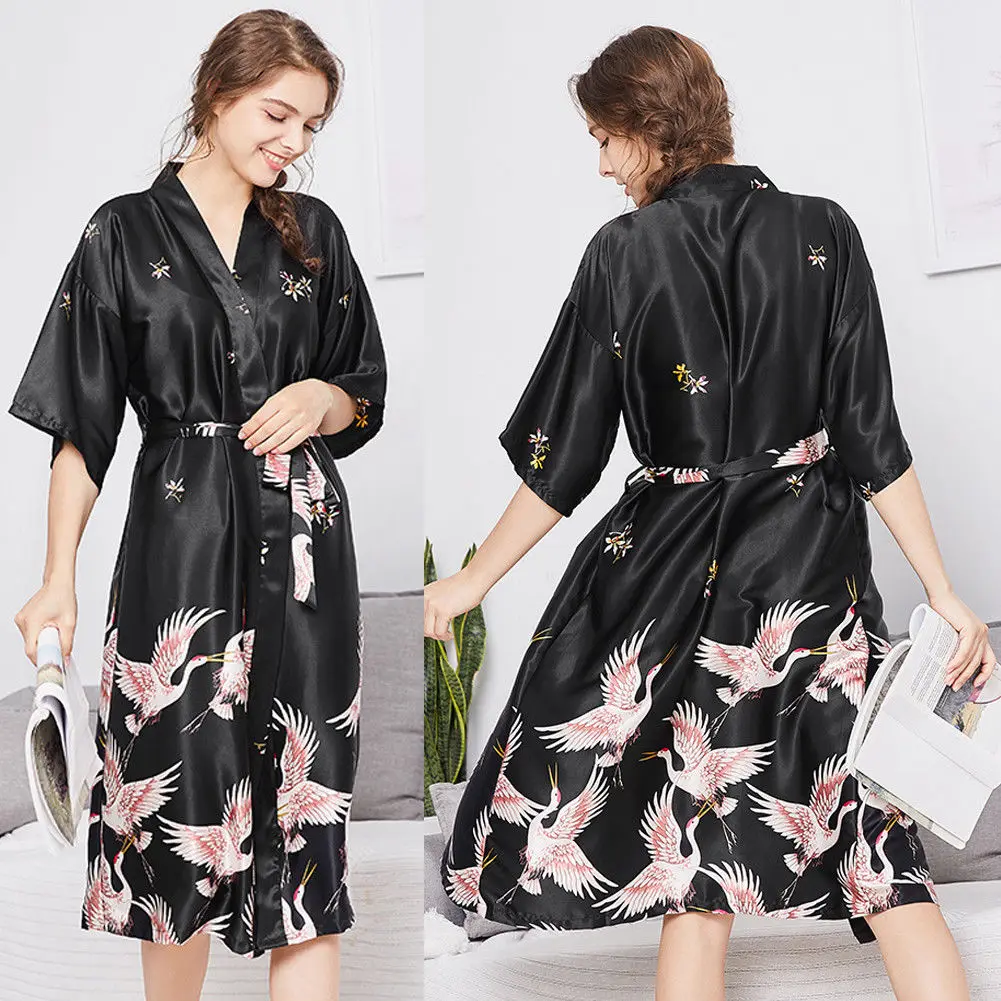 2018 Autumn New Animal Print Ladies Silk Satin Robe Kimono Bridal