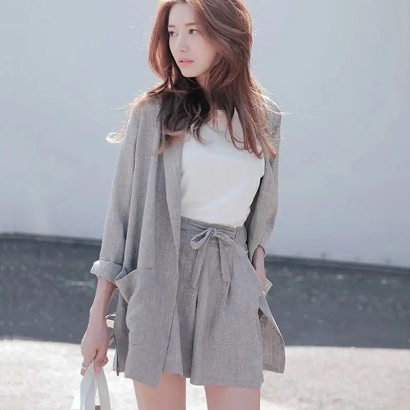 

CBAFU cotton linen short suit summer loose blazer elastic waist tracksuit for women's set casual summer 2 piece set D666