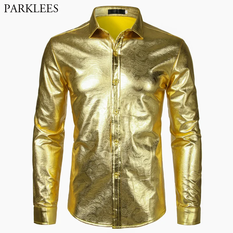 Mens Shiny Gold Coated Metallic Paisley Shirt Long Sleeve Slim Fit