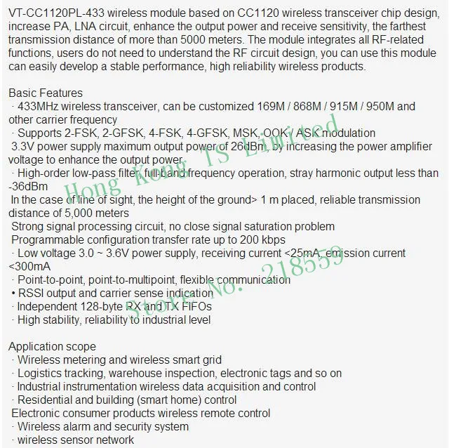 VT-CC1120PL 433 МГц узкополосный цифровой SPI интерфейс чип-тип промышленного класса 3000 м RF модуль CC1120