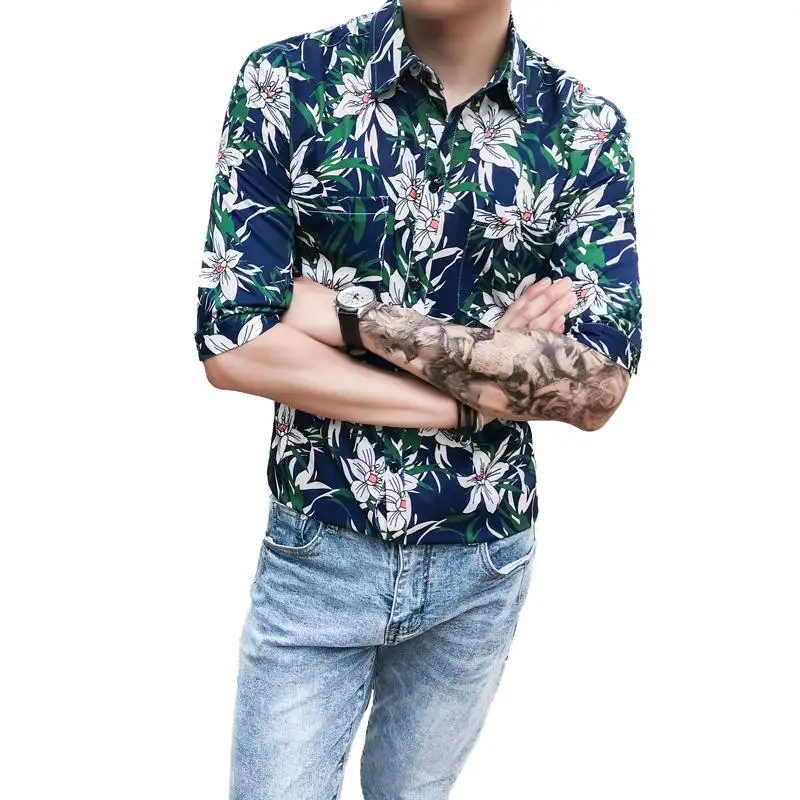 

LOLDEAL Summer England Slim Five-Sleeve Flower Shirt Summer Boy Casual Fashion Lapel Shirt