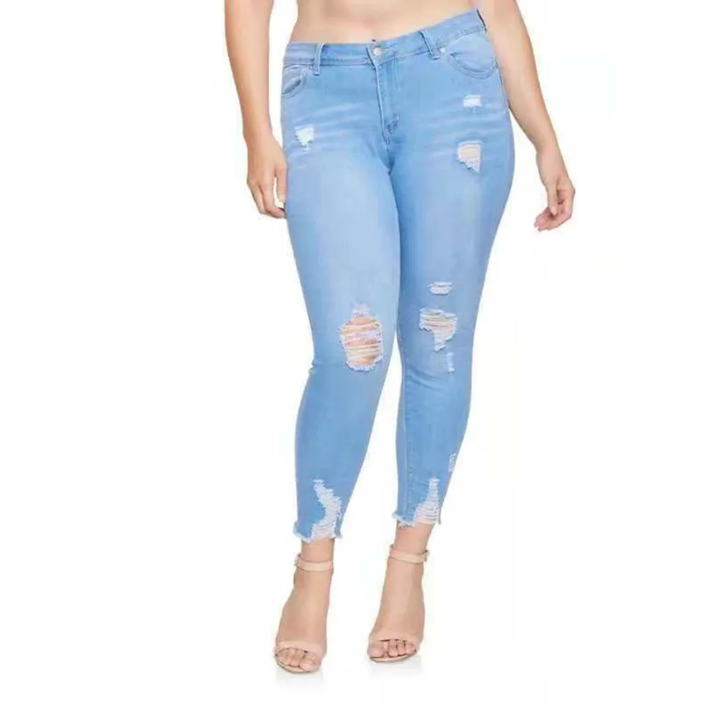 Ripped Hole Plus Size Sexy Jeans Women High Waist Pencil Blue Denim Pants Women Ripped Hole