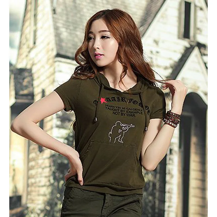 

Women's Summer Military Uniform T shirts Short Sleeve O-Neck Cotton Hoodies Lady Army Green letter Print Casual Clothing Tops