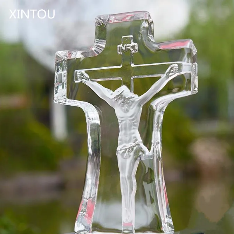

XINTOU Crystal Glass Christian Jesus Statue Cross Craft Feng shui Home Decor Jesus of Nazareth figurines miniatures Ornaments