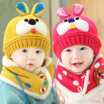 

Child Beanies Cap Set Baby Kids Girls Boys Cartoon Cute Rabbit Add Velvet Knitted Hat and Scarf Winter Warm Suit Set