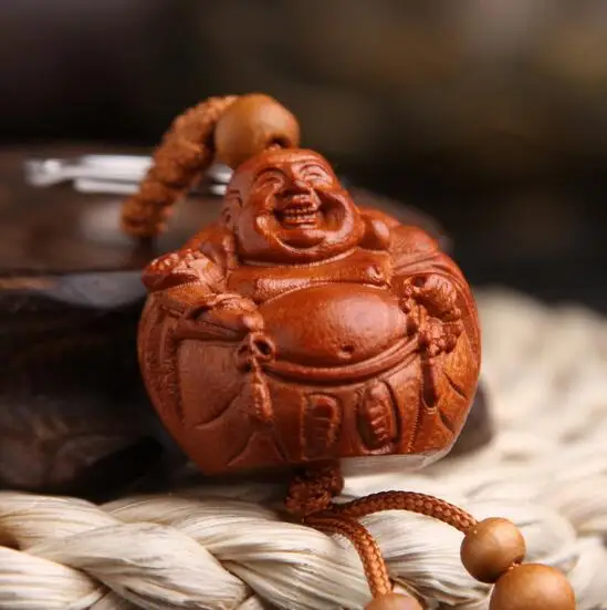 

Smiling Buddha Peach Wood Keychain key ring for women men Fashion Men Women Car Handbag Decoration jewelry Natural Wood keyrings
