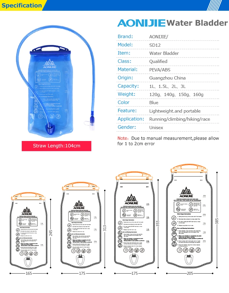 AONIJIE SD12 водохранилище воды мочевого пузыря гидратации пакет хранения Bag1L 1.5L 2L 3L бег гидратации жилет рюкзак питьевой трубки