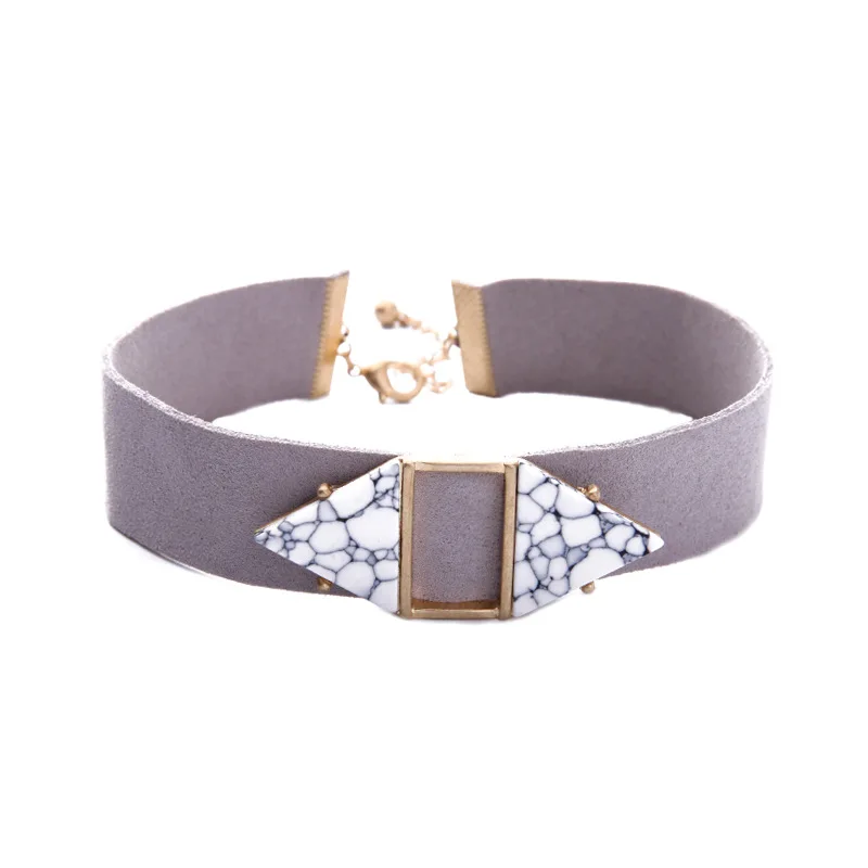 

Wide Leather Suede Choker Necklace for Women Triangle Marble Synthetic Stone Collar Necklace Imitation Jewelry