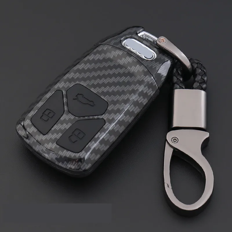 ABS-Carbon-Fiber-Shell-Silicone-Cover-Remote-Key-Holder-Fob-Case-KeyChain-For-Audi-A4-A5