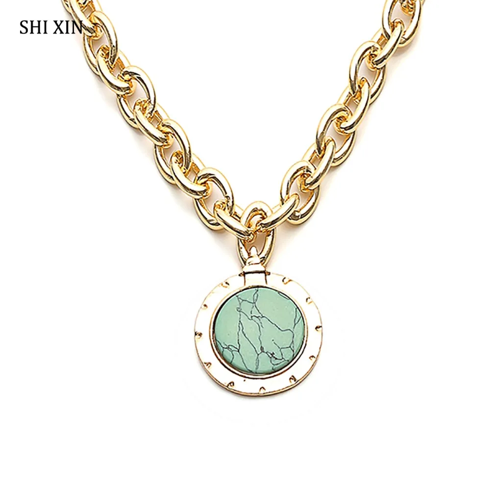 

SHIXIN Boho Charms Green Stone Pendant Choker Necklace for Women Fashion Hippie Thick Chain Luxury Statement Jewelry Female Gift
