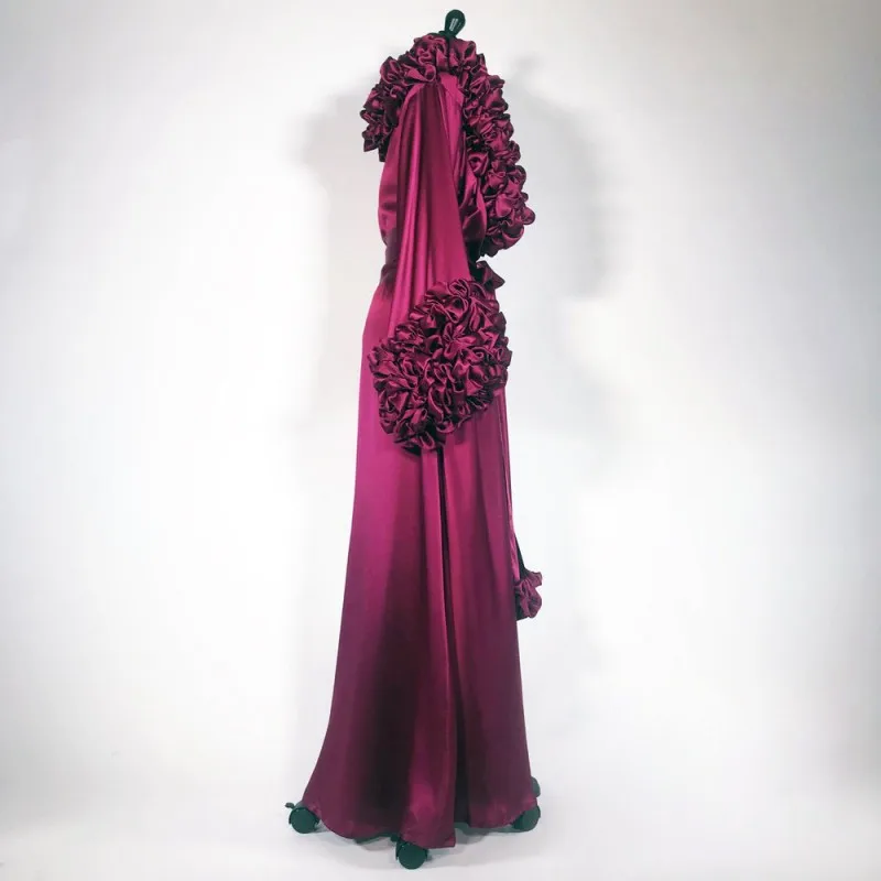 Красивое бордовое Ночное платье изготовленное на заказ шелковое с длинными рукавами Многоуровневое с оборками костюм для вечеринки