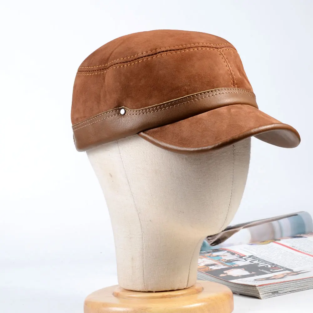 Men's Genuine Leather Adjustable Military Flat top Cap Service Cap Beret Newsboy Navy/Army Caps/Hats Adjustable