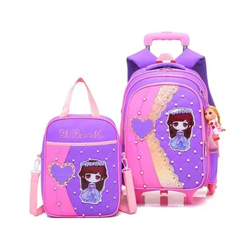

3 Wheels Trolley School Bags Girls Cartoon School Backpack Cute Princess Pattern Children Satchels Waterproof Nylon Backpack