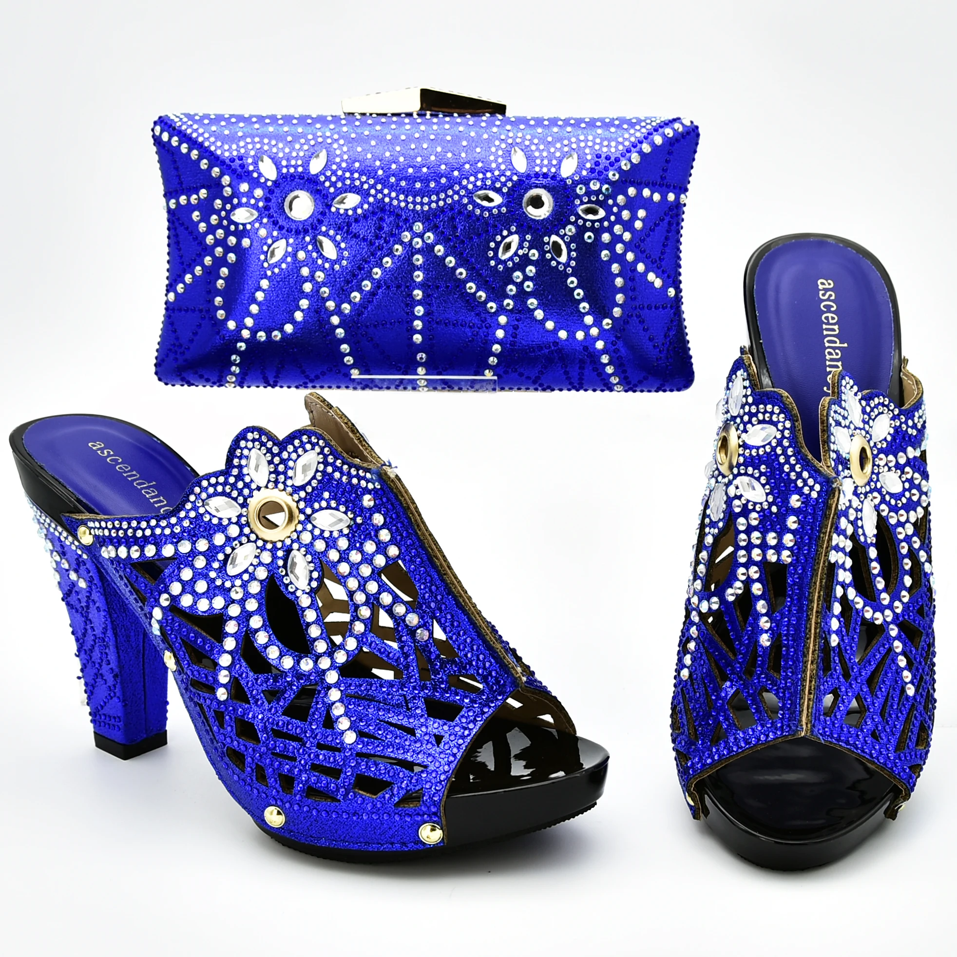 

New arrival african aso ebi party 4.3 inches slippers shoes clutches bag set in royal blue with many rhinestones shoes SB8393-4