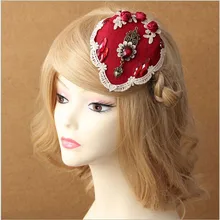 Royal Palace Bride Rose Red Gem Small Top Hat Lace Hair Accessories Side Clamp Headwear Vintage Hairpins