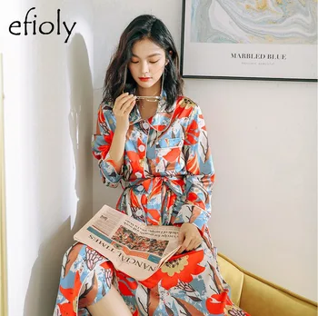 

EFIOLY Nightdress Female Autumn Long Section Silk Sleepwear Women Spring And Autumn Long-Sleeved Loose Shirt Home Clothes