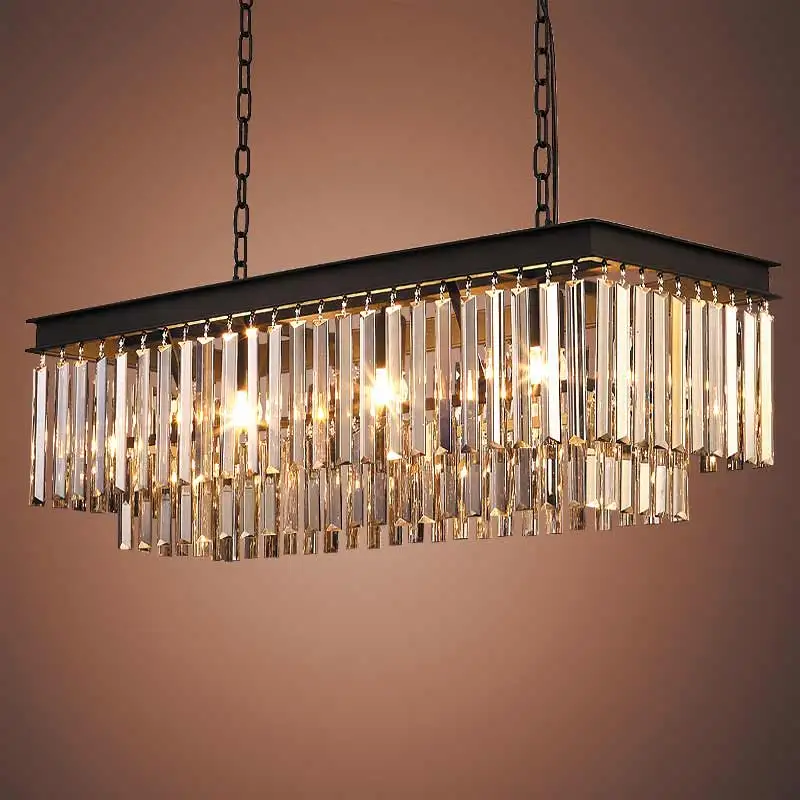 

E27 American Country Vintage Amber Crystal Lights Pendant Lamps for Living Room Kitchen Black Iron Retro Home Lighting Fixtures