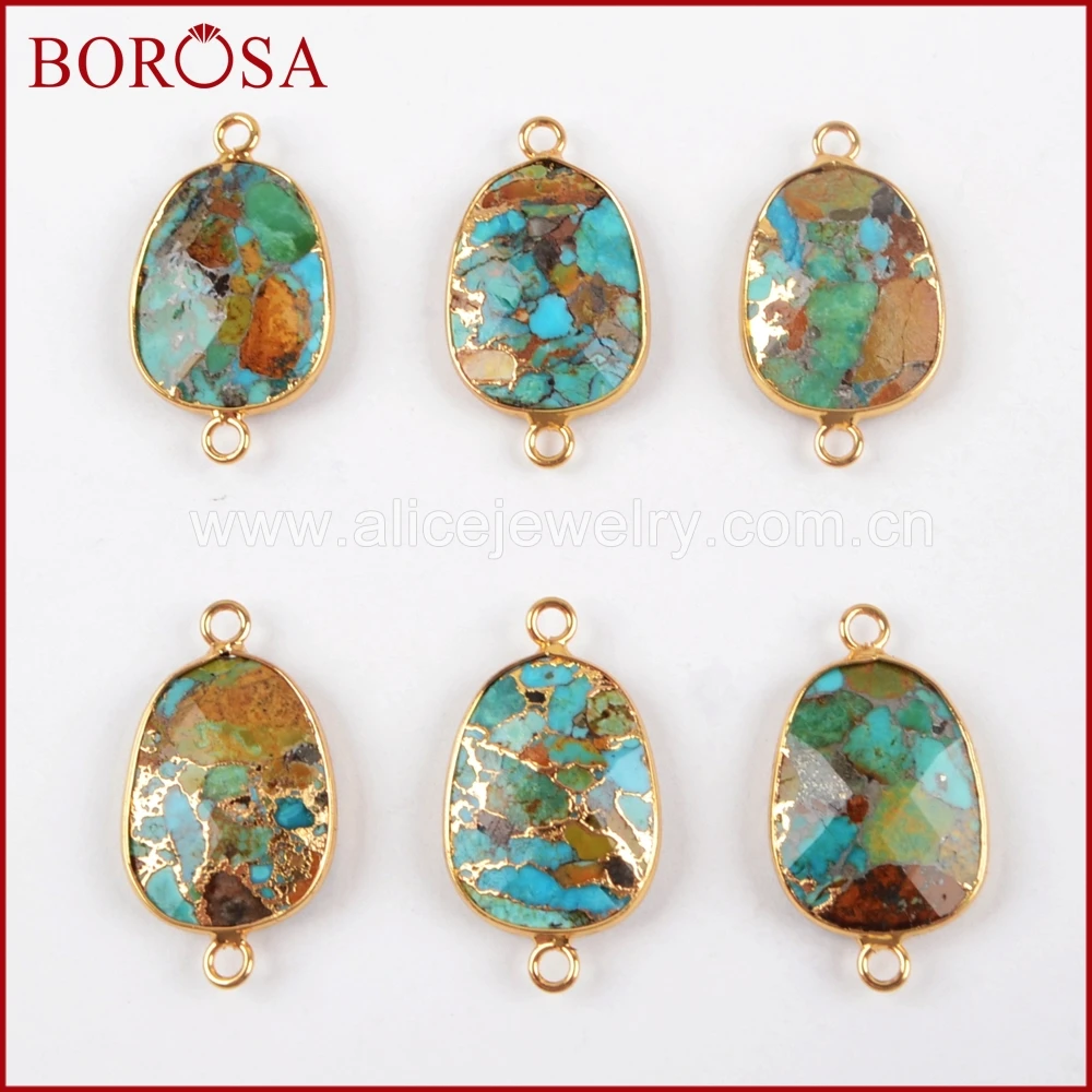 

BOROSA 5/10PCS Gold Color Freeform Copper Natural Turquoises Connector Double Bails Copper Natural Blue Stone Connectors G1481