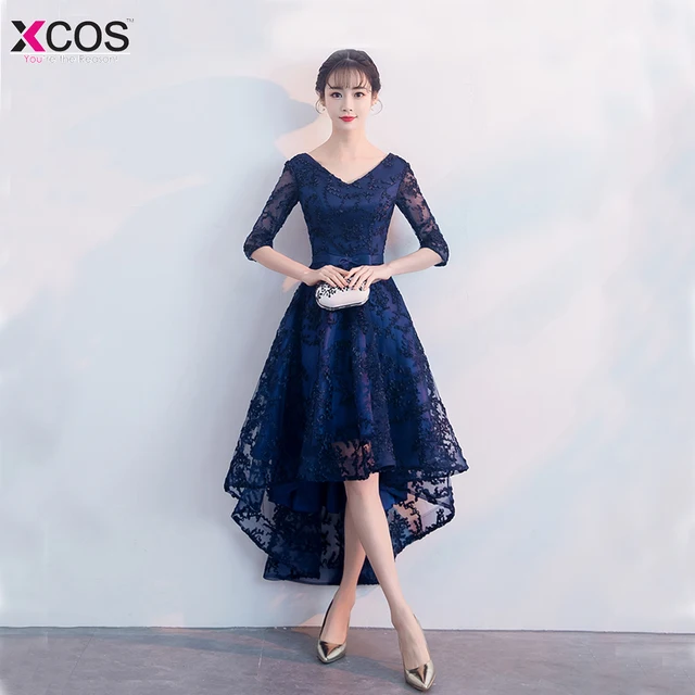 navy high low gown