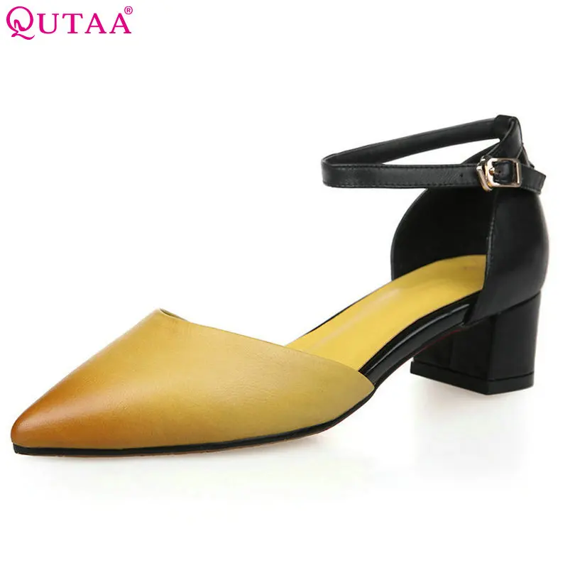 

QUTAA Women Pumps Yellow Summer Ladies Shoes Square Med Heel Genuine Leather Platform Pointed Toe Woman Wedding Shoe Size 34-39