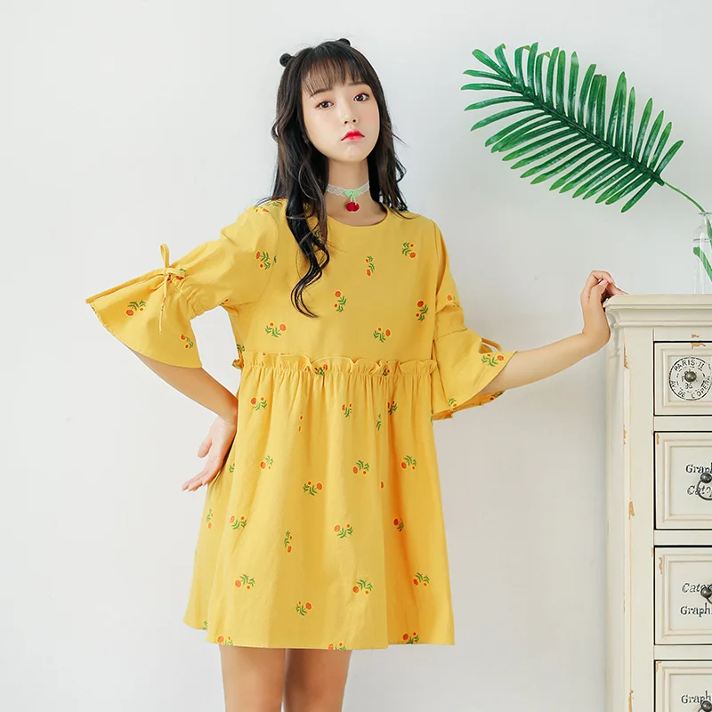 

2019 Women's Japan Harajuku Ulzzang Vintage Printed Sunflower Loose Dress Female Retro Cute Korean Kawaii Dresses For Women