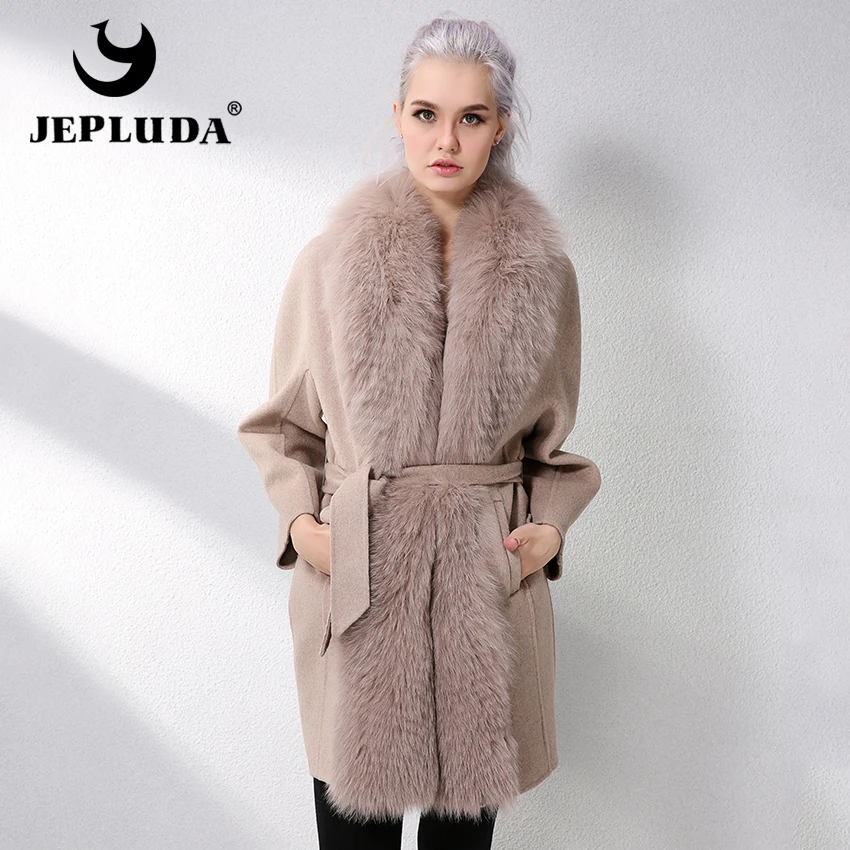 JELUDA Hot Sale Cashmere Coat Women Scarf Collar With Natural Real Fox Fur Real Fur Coat Genuine Leather Jacket Women Overcoat