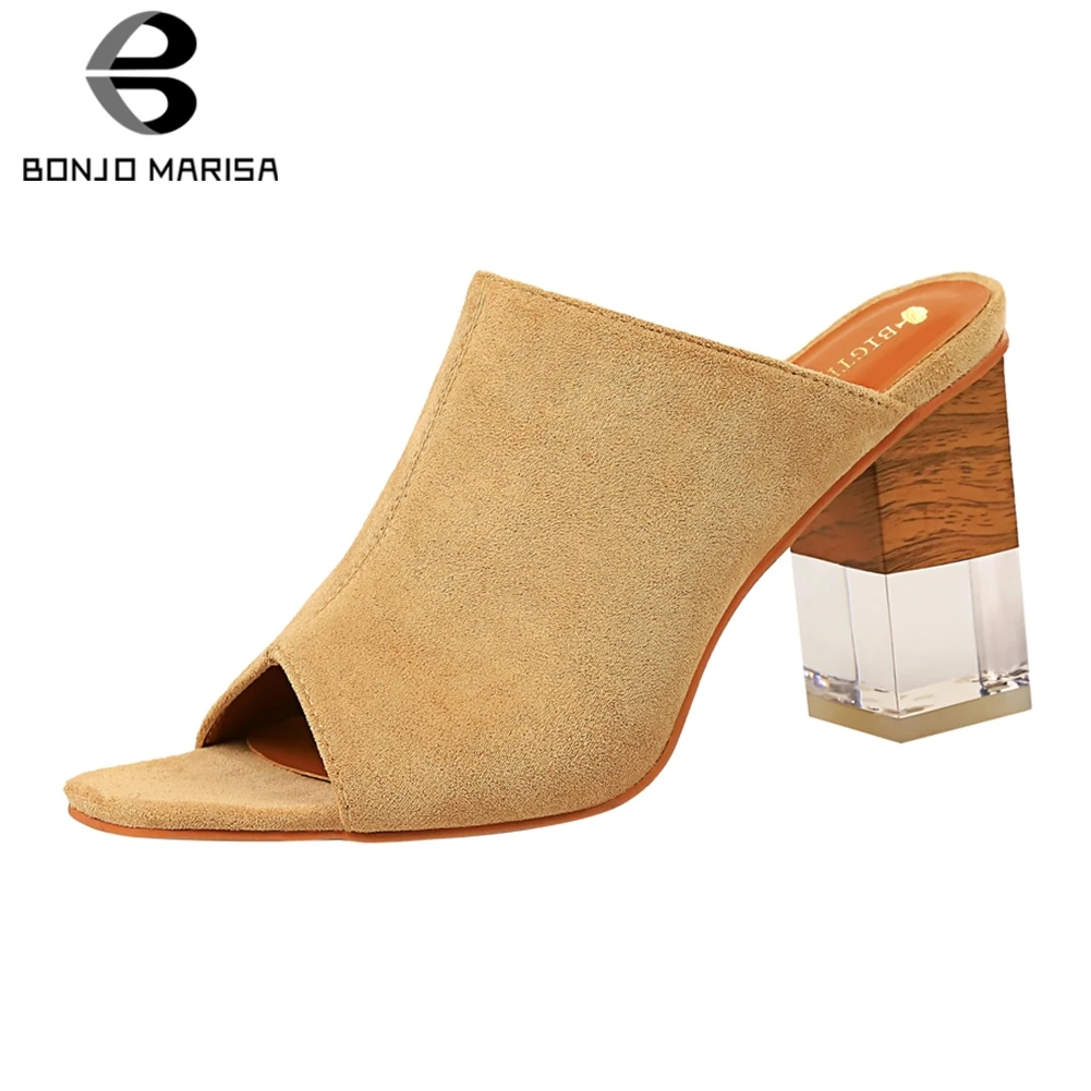 

BONJOMARISA New Elegant Flock High Heels Slippers Women 2019 Summer slip-on OL Mules Women Slides Shoes Woman