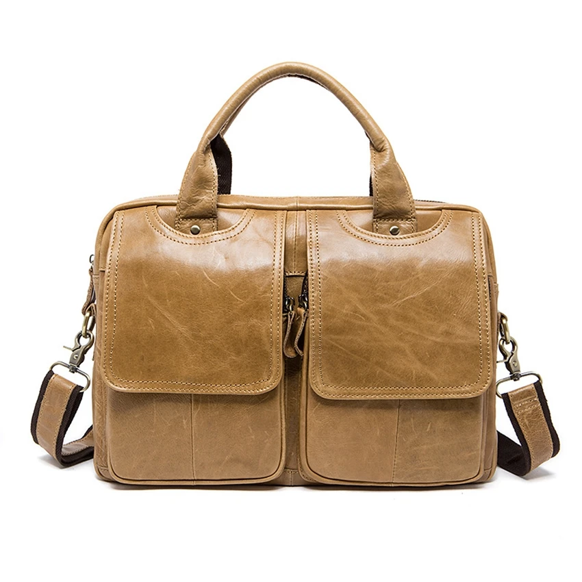 

100% Cowhide Leather Crossbody Bags Male Multi-function Briefcase Laptop 14'' Messenger bags Large capacity Men Bags