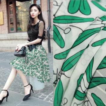 

Green leaf printed fabric meter 145 cm micro perspective chiffon fabric material soft scarf dress fabric wholesale cloth