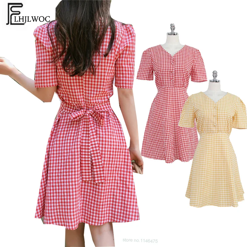

Cute Sweet V Neck Shirt Dress Korea Design Temperament Women Summer Short Sleeve Slim Waist Bow Tie A Line Red Plaid Dress 640