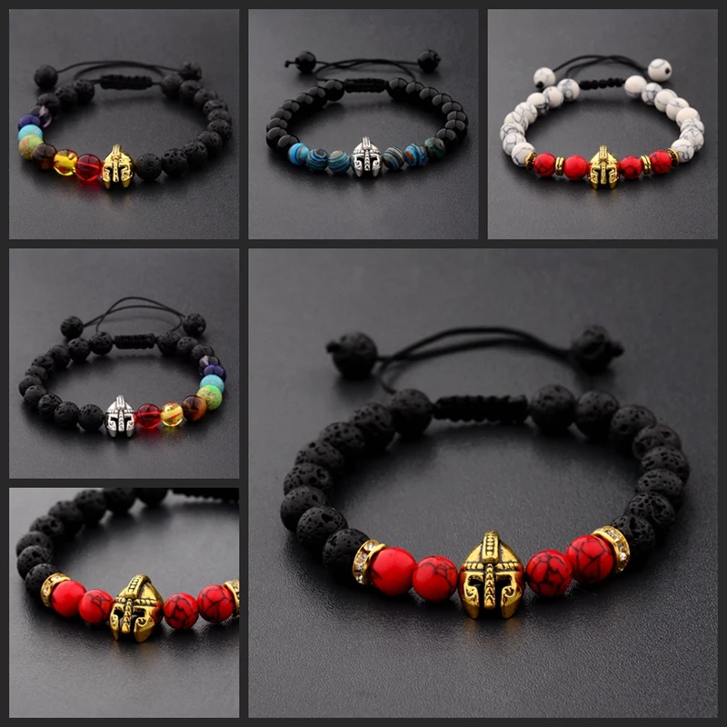 

Amader Charm Knight Spartan Warrior Gladiator Helmet Bracelet Men Natural Stone 7 Chakra Bead Adjustable Bracelets Wholesale