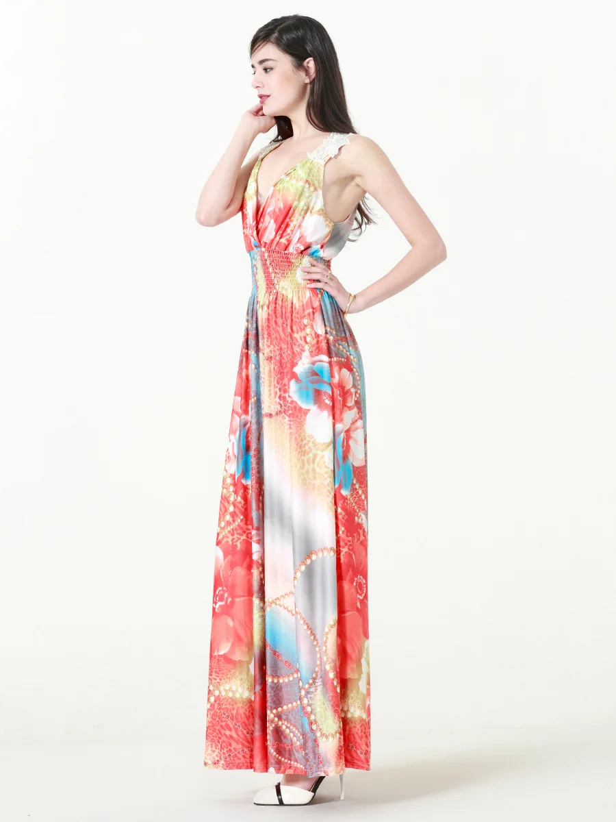 

2019 Women Summer Dress V Neck Sleeveless Large Size Vacation Long Maxi Beach Dress Empire Printed Flower Bandage Dress