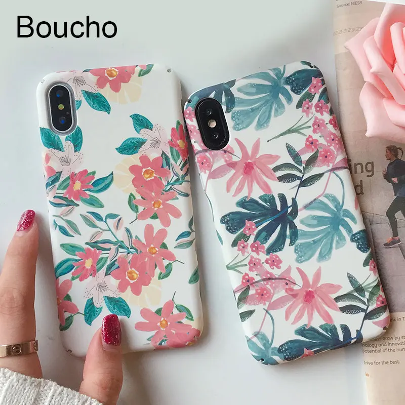 Boucho Vintage Phone Case For iPhone 6 6S 7 8 Plus X Flower Plant Leaves Matte Hard Plastic Phone Back Cover Cases Coque